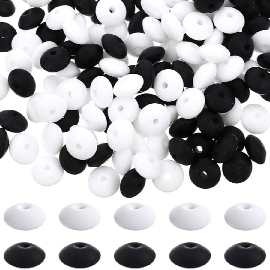 100pcs 12mm Flat Round Silicone Beads, Mixed Black And White Silicone Beads For DIY Crafts, Phone Chains, Bracelets, Necklaces, Keychains, Jewelry Making, Crafts, Bag Charms - Black and White - View 1