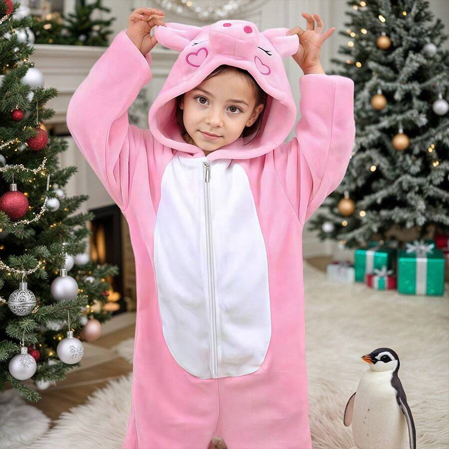 Pijama Infantil Unisex de Cerdo Rosado con Pelo Suave y Capucha, Ropa de Hogar Cálida y Mullida para Invierno para Niños y Niñas de 3 a 12 Años, Ideal como Disfraz para Halloween y Celebraciones de Navidad Familiar, Diseño Cómodo de Alta Calidad, Perfecto como Regalo Infantil para Cualquier Ocasión Especial - Rosa - Ver 1