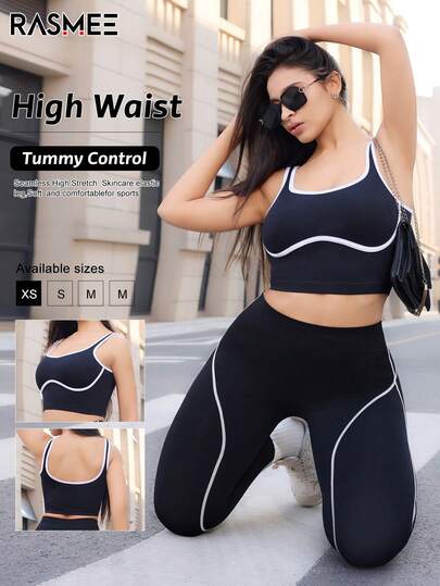 2pcs Plus Size Women Sports Bra And Leggings Set, Fashion Black And White Contrast Sports Tank Top And Tight Yoga Pants, Comfortable Workout Gym Yoga Suit