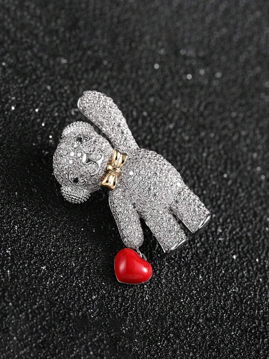 1pc Copper Zirconia Encrusted Heart Shaped Brooch Pin, Suitable For Men And Women Wear Or Gift - Bear Heart Brooch - View 1