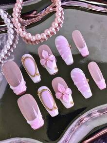 10片粉色亚克力假指甲，带3D花朵和金色边框装饰，亮面方形，可重复使用，适合情人节、婚礼、约会、日常佩戴，美甲师用品，美甲装饰，美甲凝胶 - 彩色 - 查看 2