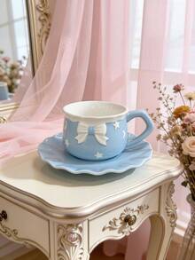 1pc 350ml Cute Blue Ceramic Cup Saucer Set With 3D Bow, Star Moon Embossment For Coffee Tea - Multicolor - View 8