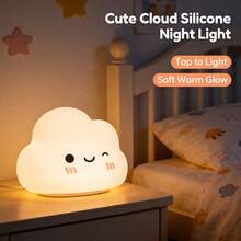 1pc Cute Cloud Silicone LED Bedside Night Light, Atmosphere Lamp, Sleep Companion, Nursing Light, Soft Warm Light, Easy Operation, Touch To Turn On, Soft Silicone Material - Baby Pink - View 2