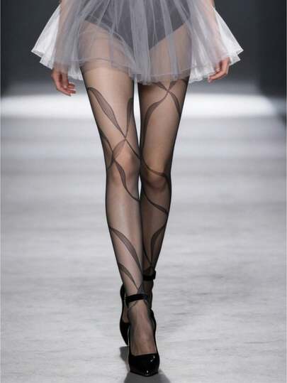 1 Pair Jacquard Stockings For Women, Ribbon Printed Black Sheer Stockings, Thin Anti-Snag Pure White Stockings, Gothic Punk Subculture Stockings