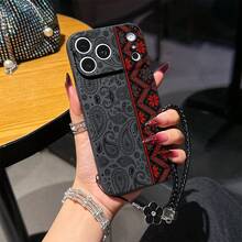 一套山茶花挂绳 + 复古图腾 TPU 黑色手机壳，兼容 11/12/13/14/15/16/17 Pro Max - 黑色 - 查看 3