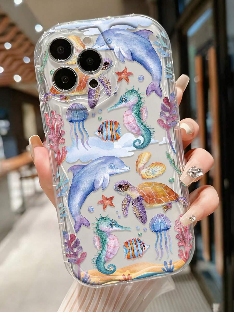 Cream Textured Ocean Turtle & Seahorse Painted Anti-Drop Cartoon Phone Case Compatible With IPhone 14, 14 Pro, 14 Pro Max, 13, 13 Pro, 13 Pro Max, 11, 11 Pro Max, 12, 12 Pro, 12 Pro Max, XR, XS, 15, 15 Pro, 15 Pro Max, 16, 16 Pro, 16 Pro Max, 17, 17 Pro, 17 Air, 17 Pro Max, Galaxy S24, A04, A12, A13, A14, A23, A24, A32, A33, A51, A52, A53, A54, A72, S20 FE, , 9, 9A - Multicolor - View 1