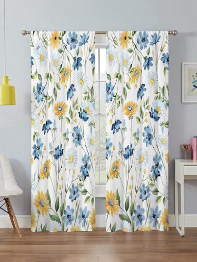 ستائر مطبوعة بزهور البابونج الصفراء والبيضاء قطعتان، بدون ثقوب، مناسبة لغرفة النوم والمكتب والمطبخ وغرفة المعيشة والمكتبة، ديكور المنزل