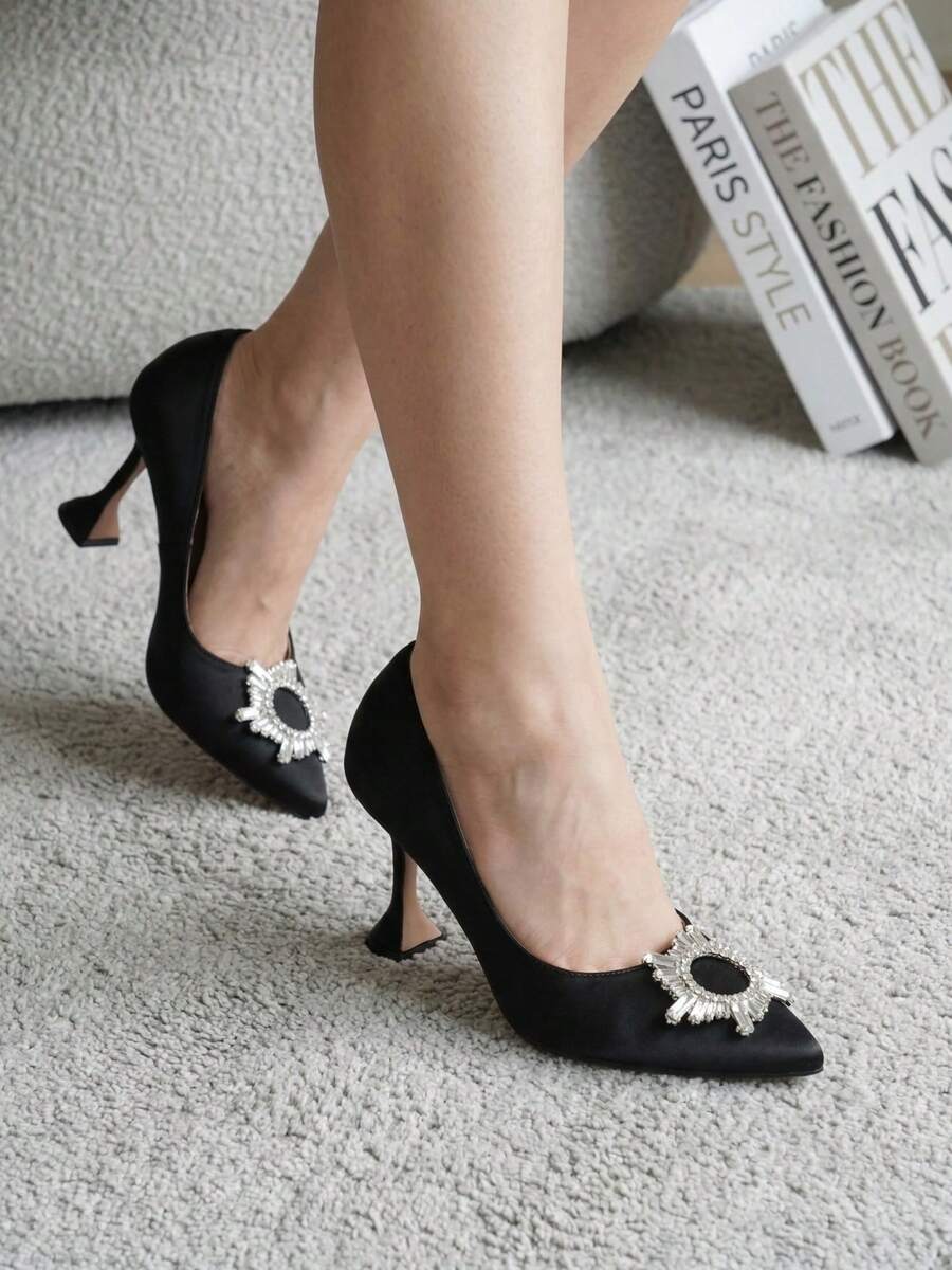 Women's Sparkling Rhinestone Satin Pumps - 3.5 Inch Pointed Toe High Heels - Black - Black - View 1
