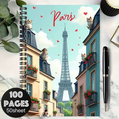 دفتر ملاحظات حلزوني رومانسي بموضوع باريس، 100 صفحة، الغلاف مزين بقطط جميلة وبرج إيفل، دافئ وحلو. مناسب لتسجيل العمل، ملاحظات الدراسة، التخطيط اليومي، وأكثر من ذلك. خيار ممتاز لهدايا التخرج، هدايا عيد الميلاد، أو كتابة اليوميات/المذكرات الشخصية.