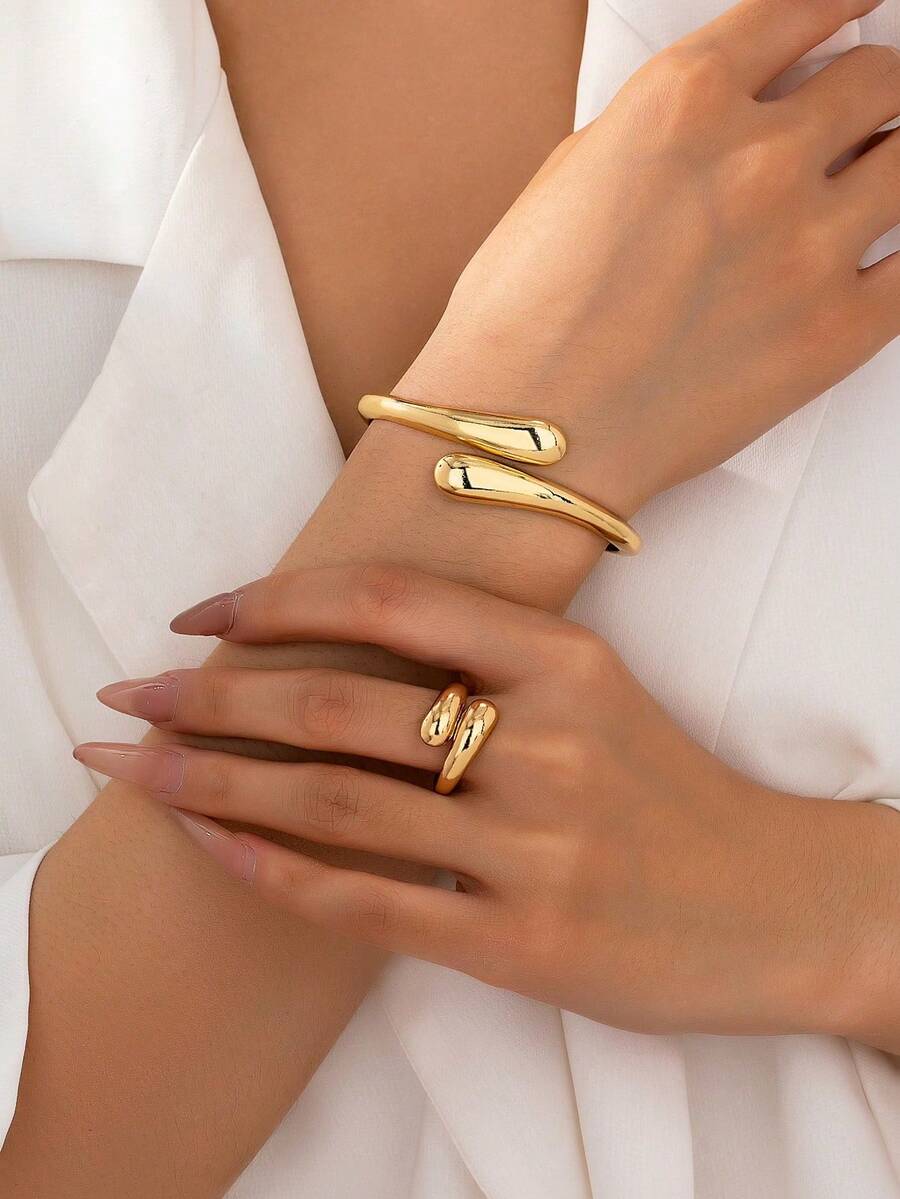 2pcs Teardrop Shaped Bracelet And Open Ring Set - 金色 - 查看 1