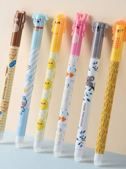 6pcs Blue/Black Ink Pens, Cartoon Animal Shaped, Smooth Writing, Neutral Ink, Easy To Erase, Suitable For Exams, Homework And Student Notes; School Supplies/Christmas Gift