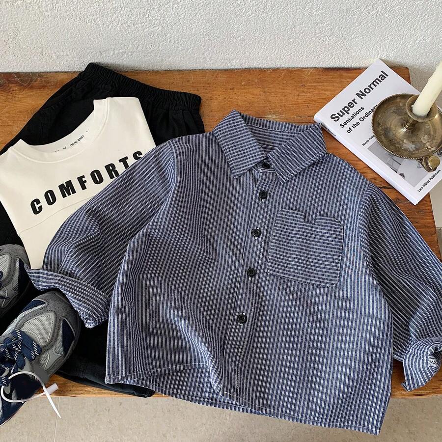 2026 Spring New Boys' Shirt, Young Boy Fashionable Loose Short Casual Cardigan, Korean Style Top - Blue - View 1