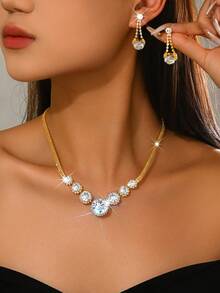 2pcs Gold Jewelry Set, Large Round Crystal Necklace + Teardrop Earrings, Attention-Grabbing Design, Wedding/Party Accessory, Date Outfit, Birthday Gift - 1717 Gold Earrings and Necklace Set - View 5