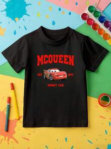 Disney-Disney Pixar Cars Lightning McQueen Co-Branded Kids' Short Sleeve T-Shirt With Front And Back Double-Sided Print Design, Loose Drop Shoulder Fit, Breathable Pure Cotton Boys' Summer Top - 黑色 - 查看 2