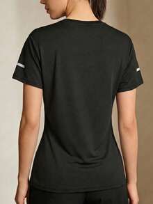 Women's Sweat Wicking Reflective Running Shirt, Basic Black Gym Tee, Classic Black Crew Neck Athletic Top - Black - View 4