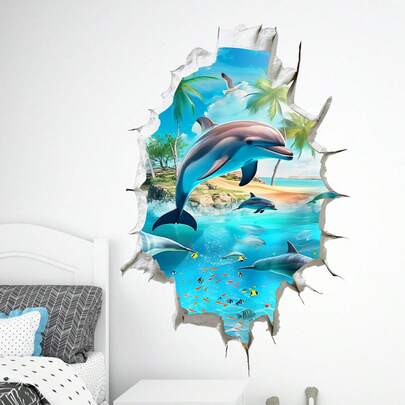 1pc 3D Wall-Breaking Dolphin Sticker, Dolphin Beach Coconut Grove Wall Decal, Suitable For Bedroom, Living Room, Study Decoration, Removable S