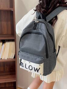 Ba lô kẻ sọc mới năm 2026, in chữ ELOW, túi đựng sách học sinh dung tích lớn, túi đi làm đa năng tiện dụng. - màu đen - Xem 5