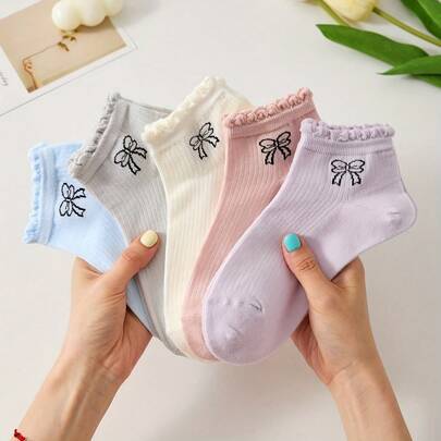 1/5双，蝴蝶结袜，可爱袜，短筒袜，夏季袜，甜美风格，休闲，日常穿着，夏季，女袜，隐形袜，甜美，Y2K