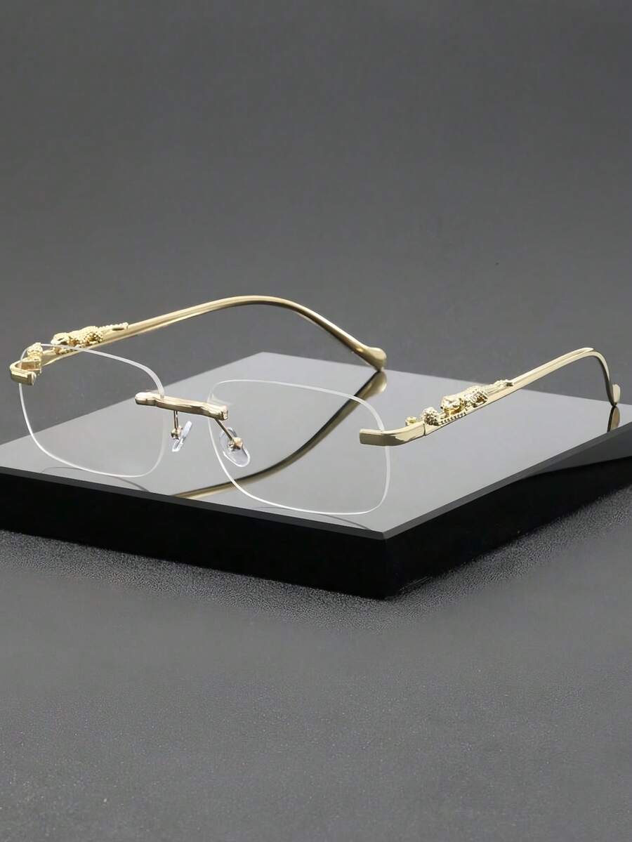 1pc Premium Rimless Edged Men's Leopard Print Temple Eyeglasses - Gold - View 1