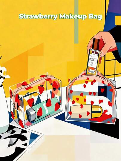 Transparent PVC Storage Bag With Red Strawberry Pattern, Pencil Case & Cosmetic Organizer, Suitable For School And Office Use, Makeup Bag, Travel Organizer, Fun Prints, Transparent Design, High-Quality Material, Lightweight And Compact, Multi-Functional Pockets, Ideal For Adults And Students