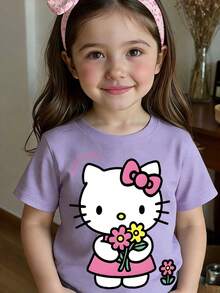 SANRIO Kitty Flower Picking Good VIBES Cute Printed Short Sleeve Top, Unrestricted For Children's Activities, Skin Friendly And Breathable Round Neck T-Shirt, Sweet Short Sleeve Suitable For Children's Daily Wear - 淡紫色 - 查看 1