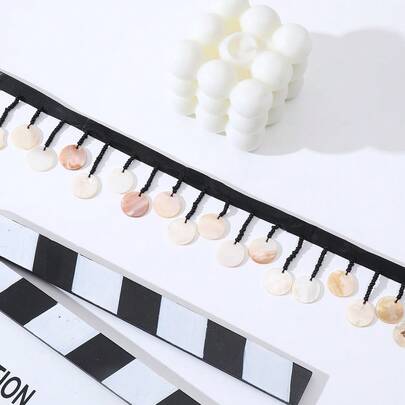 Dây ruy băng ren đính ngọc trai, mặt dây chuyền hình vỏ sò đen, dài 5 thước, dùng để trang trí quần áo, đính đá, phụ kiện may vá.