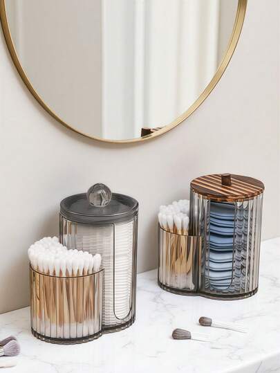 2-In-1 Bamboo Lid Cotton Swab Box, Makeup Remover Pad & Puff Dual Compartment Storage Box With Cover, Dust-Proof