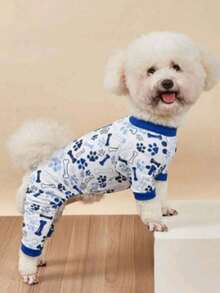 1件春夏宠物服装，狗/猫印花室内服 - 藍白色 - 查看 5