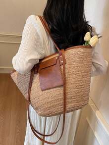 Fashion Large Capacity Woven Tote Bag, New Beach VacationOne Shoulder Underarm Straw Large Bag - Khaki - View 5