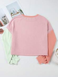 CILKOO Áo thun nữ tay dài cổ tròn phối màu, vai rớt, kiểu dáng thường ngày, màu hồng mùa xuân. - Hồng - Xem 4