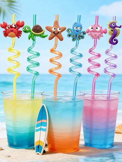 6支可重复使用的塑料吸管，造型为美人鱼和海洋动物，适合美人鱼/海洋主题派对装饰、海洋主题生日用品、沙滩派对装饰。