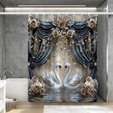 Cortina de ducha con rosas y cisne azul y dorado, decoración romántica para el baño, juego de baño de lujo con cortina de ducha, cortina de baño impermeable, decoración elegante para el baño, juego de baño que incluye cortina de ducha, cortina de baño azul y dorada, cortina de partición de baño sofisticada, decoración de baño con tema de boda, cortina de baño de tela gruesa, juego de baño opulento para el hogar - Azul y blanco - Ver 5