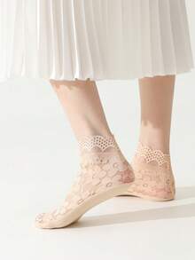 1/5/10 Pairs Women's Summer Solid Color Thin Socks, Lace Trim Transparent Mesh Sexy Socks, Soft & Comfortable - Multicolor - View 12