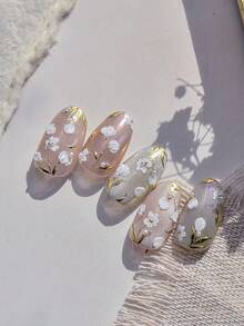 1pc 5D Embossed Self-Adhesive Nail Sticker, Gold Foil Leaf & Magnolia Flower Spring Nail Art Decals, Versatile Retro Small Flower Nail Sticker Supplies - Multicolor - View 7