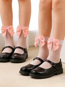 2 Pairs Kids Cute Bow Fishnet Socks, Girls' Breathable Hollow Out Mid-Calf Mesh Socks For Spring & Summer - White - View 6