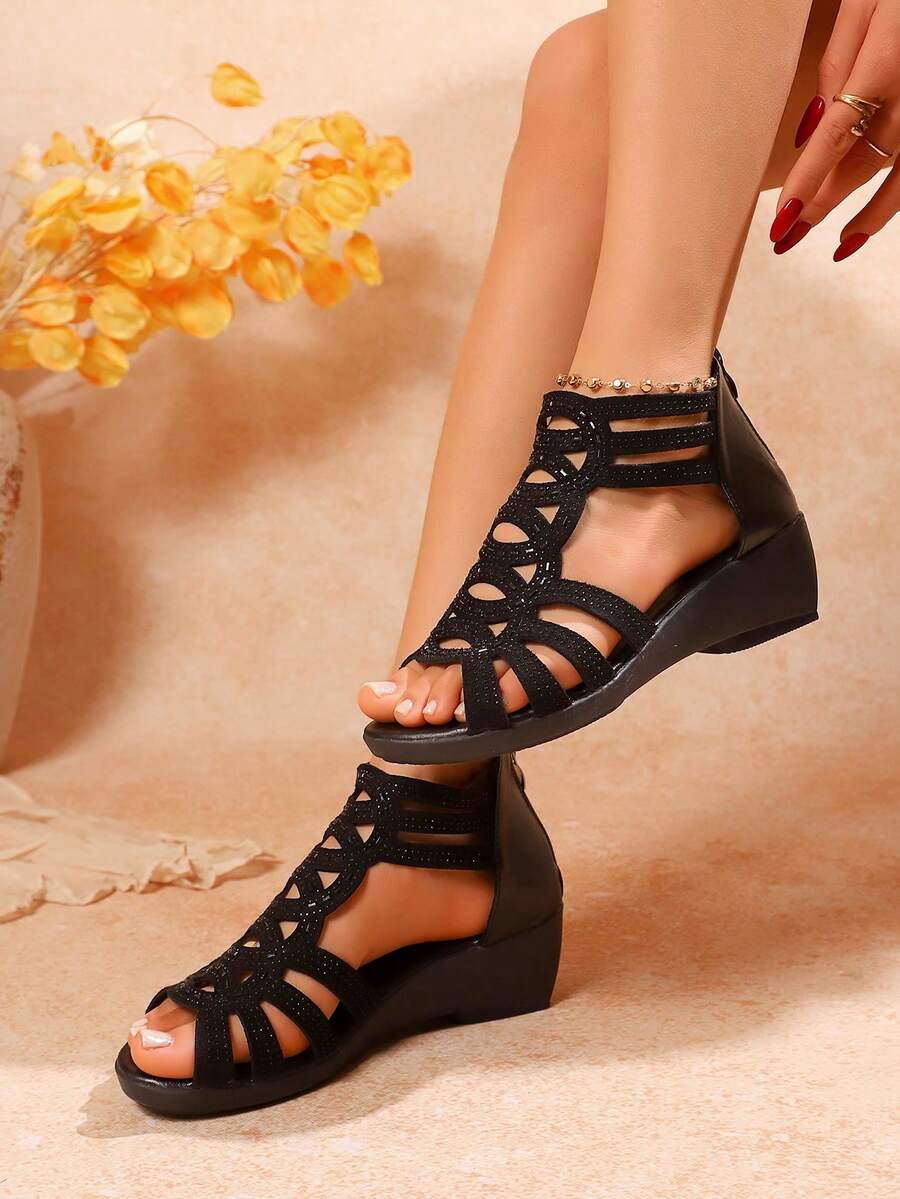 Sandalias casuales de mujer talla grande con cuña, tira de strass y cremallera en la parte trasera, cómodas y versátiles de estilo romano