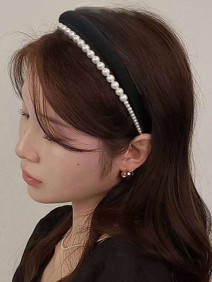 1pc High Crown Washing Face Headband, Versatile High Crown Pressure Faux Pearl Sponge Double-Layer Fine Hair Hoop, Elegant Faux Pearl Hair Hoop Hairband - Multicolor - View 1