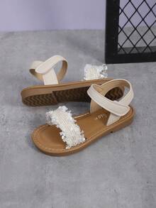 1 Pair Toddler/Kids Beige Flat Sandals, Soft PU Leather, Stitching, Hollow Design, Strap, Round Toe, Soft Non-Slip Sole, Fashion Princess Style Beach/School/Party Wear, Suitable For 3-12 Years Old Girls, Spring/Summer 2026 - Beige - View 5