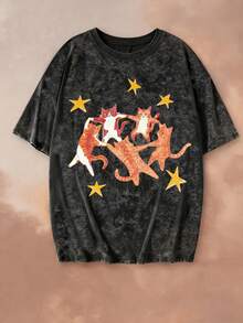 Áo thun ngắn tay cổ tròn nhuộm màu tie-dye kiểu dáng mùa hè mới, họa tiết ngôi sao và mèo nhảy múa, kiểu dáng thời trang và đa năng dành cho nữ màu đen. - màu đen - Xem 3