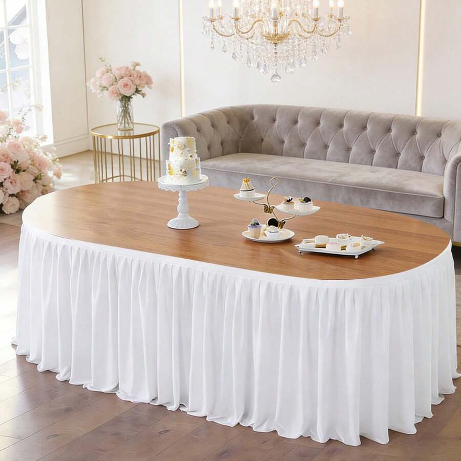 1pc White Polyester Table Skirt, Fits 72inch/183cm Rectangular Tables, Wrinkle-Resistant And Easy To Clean Ruffled Tablecloth, Suitable For Birthday Cake Tables, Banquets, Weddings, Bridal Showers, And Various Party Celebrations - White - View 1