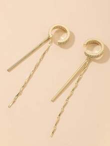 1 Pair Tassel Long C-Shaped Earrings For Women, Micro-Inlaid Zirconia, Fashionable Unique Minimalist Clip-On Earrings Without Piercing - Yellow Gold - View 2