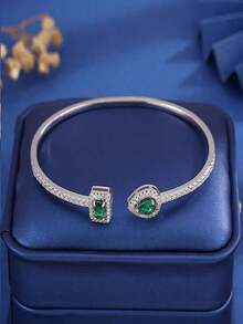 1pc Fashion Square Cubic Zirconia Decorative Bangle Bracelet, Blue/Silver Color, Suitable For Women Everyday Wear - 綠色 - 查看 12