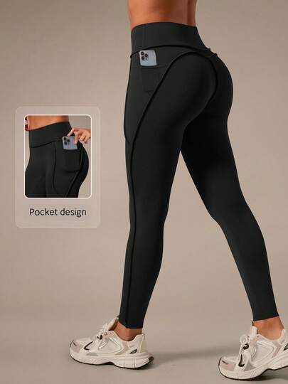 NcmRyu 1 pieza Pantalones deportivos de mujer de cintura alta con diseño de pespunte y bolsillos laterales