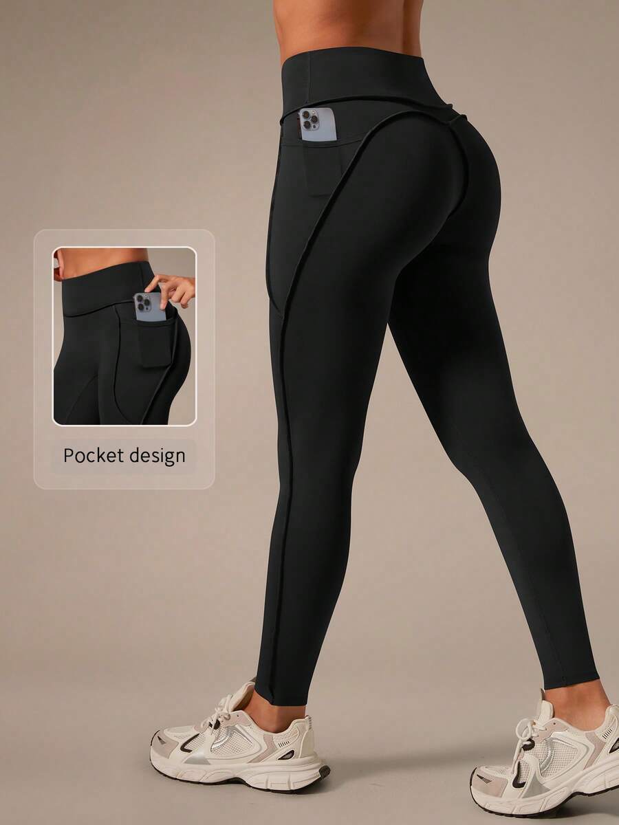 NcmRyu 1件装 女士高腰侧袋明线设计运动裤 - 黑色 - 查看 1