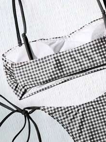 Bộ bikini hở lưng bèo nhún thắt nơ in họa tiết kẻ caro dễ thương dành cho nữ, thích hợp cho bãi biển mùa hè, lễ Phục sinh, ngày Thánh Patrick, đi chơi, lễ tốt nghiệp, kỳ nghỉ thanh lịch. - Đen và trắng - Xem 3