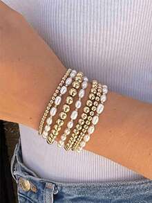 4件套女士及女孩多层镀金手链，混合珍珠串珠手链搭配镀金弹力珠手链套装，日常佩戴惊喜礼物首饰 - 多色 - 查看 7