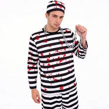 1 Set Men's Halloween Striped Prisoner Costume With Bloody Chain, Hat, Suitable For Children Zombie Cosplay, Includes Top, Pants, Hat, Chain - Multicolor - View 3