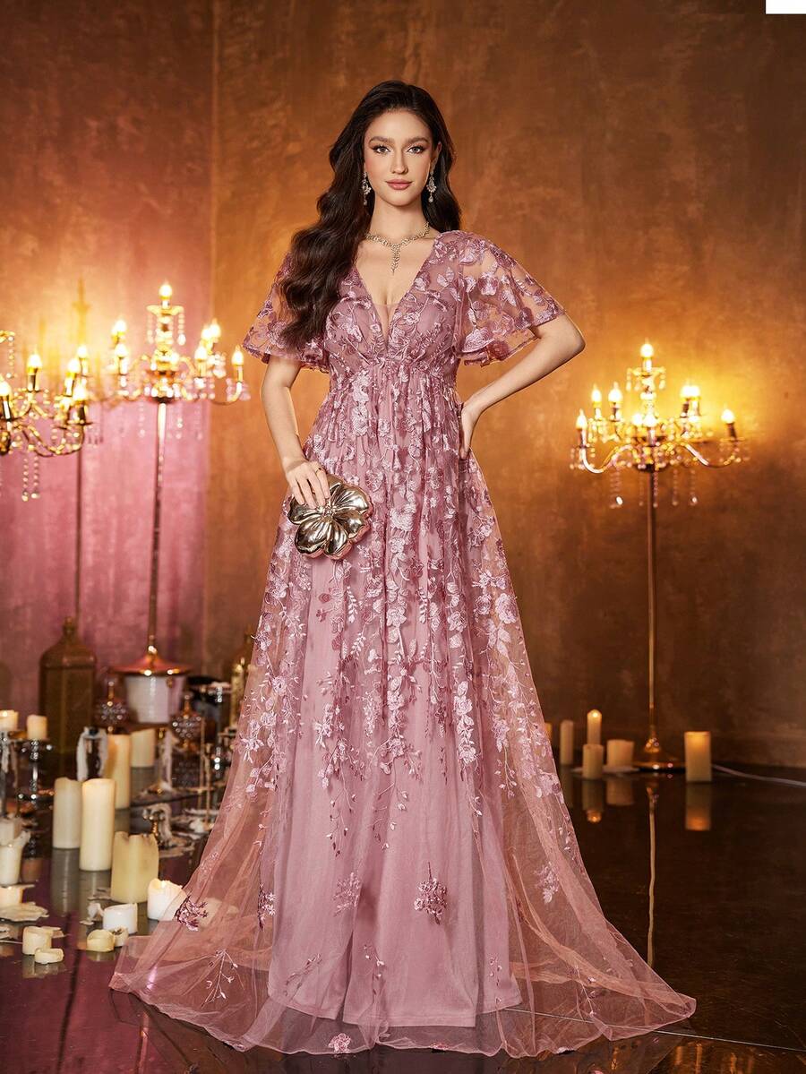 UNITHORSE [Random Cut] Women's Deep V-Neck Backless Dress With Ruffle Sleeves, Mesh Embroidery Patchwork, Waist Cinched Flared Skirt, Elegant Party Evening Gown - Red Violet - View 1