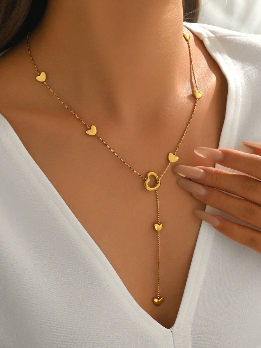 LIEBEIRIS 1件18K镀金极简主义镂空心形不锈钢项链，适合女性日常佩戴和作为礼物 - 金色 - 查看 1