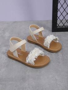 1 Pair Toddler/Kids Beige Flat Sandals, Soft PU Leather, Stitching, Hollow Design, Strap, Round Toe, Soft Non-Slip Sole, Fashion Princess Style Beach/School/Party Wear, Suitable For 3-12 Years Old Girls, Spring/Summer 2026 - Beige - View 3